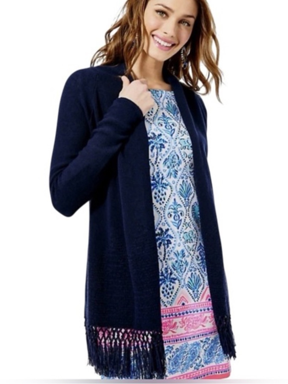 Lilly Pulitzer Tatum Navy Blue Fringe Cardigan